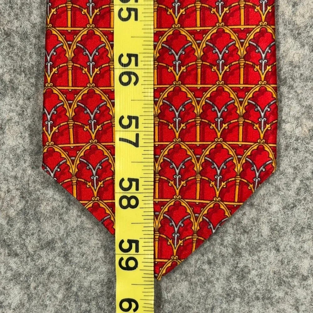 Vintage Pierre Balmain 100% Silk Tie Red‎ Gold Gothic Arches France 3.75x59